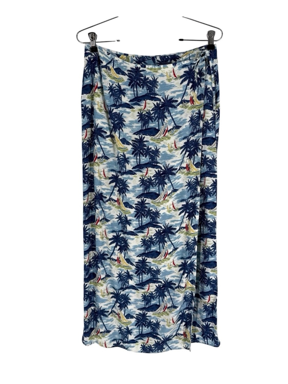 Liz Claiborne Wrap Maxi Skirt Womens Size 10 Blue Palm Tree Sail Boat Print